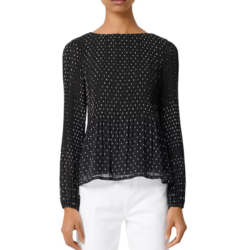 Maje Lockito Pleated Polka Dot Top Black Size 4